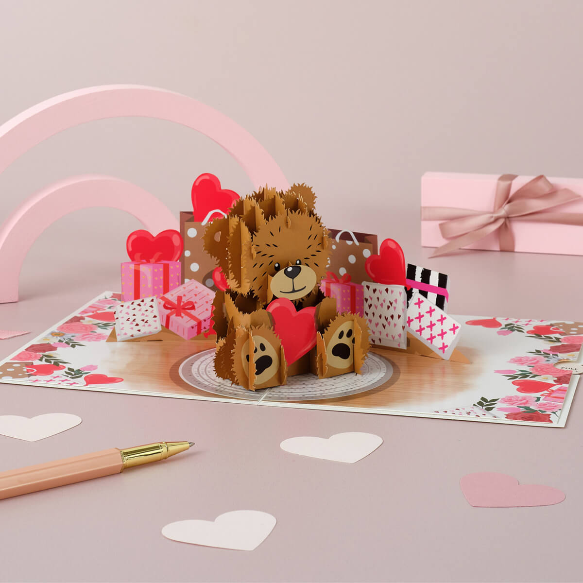 Image of Love Bear Pop Up Card fully open.  This card is perfect for Valentine's Day Cards or Anniversary Cards, including for a first anniversary