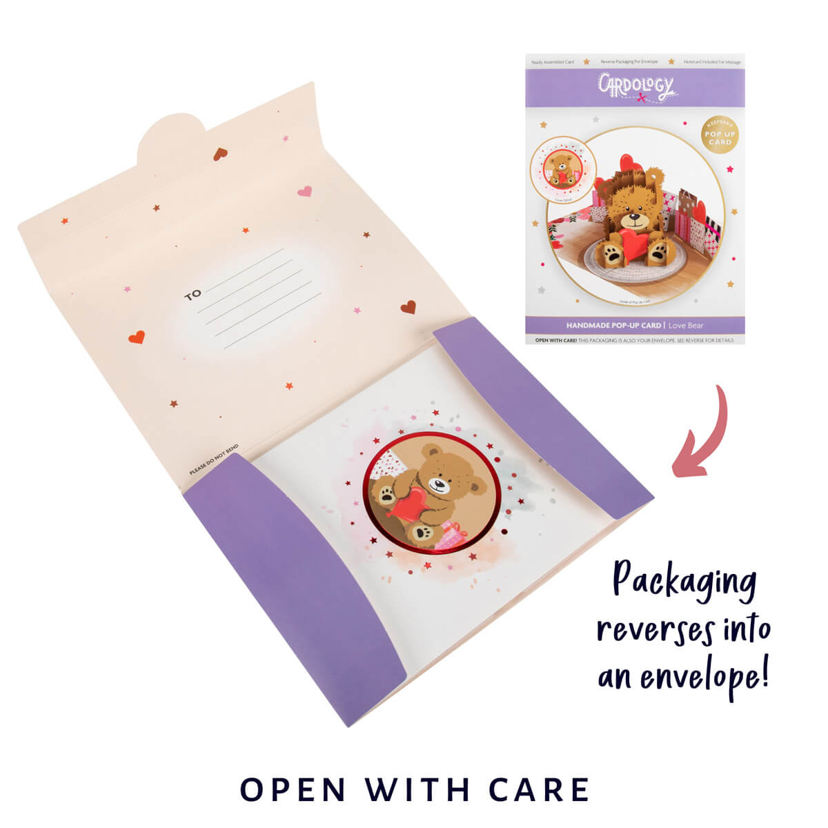 Image of Love Bear Pop Up Card reversible envelope.  Card packaging reverses into a beautifully designed envelope