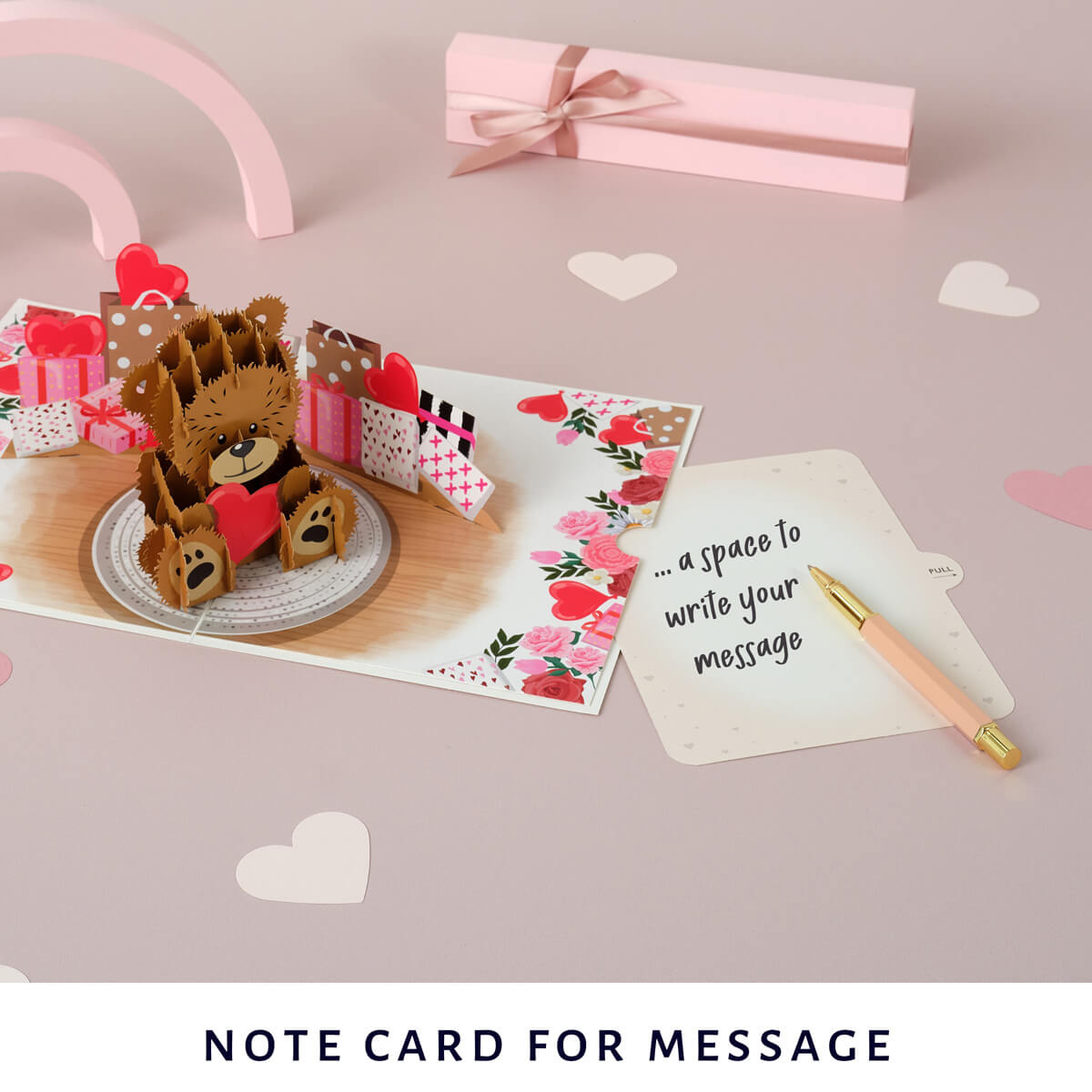 Image of Love Bear Pop Up Card slide out notecard which provides a space to write a heartfelt message without ruining the aesthetic of the card