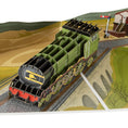 Load image into Gallery viewer, Close up image of Flying Scotsman Pop Up Card featuring a vintage steam train with mountainous backdrop and going over a viaduct.
