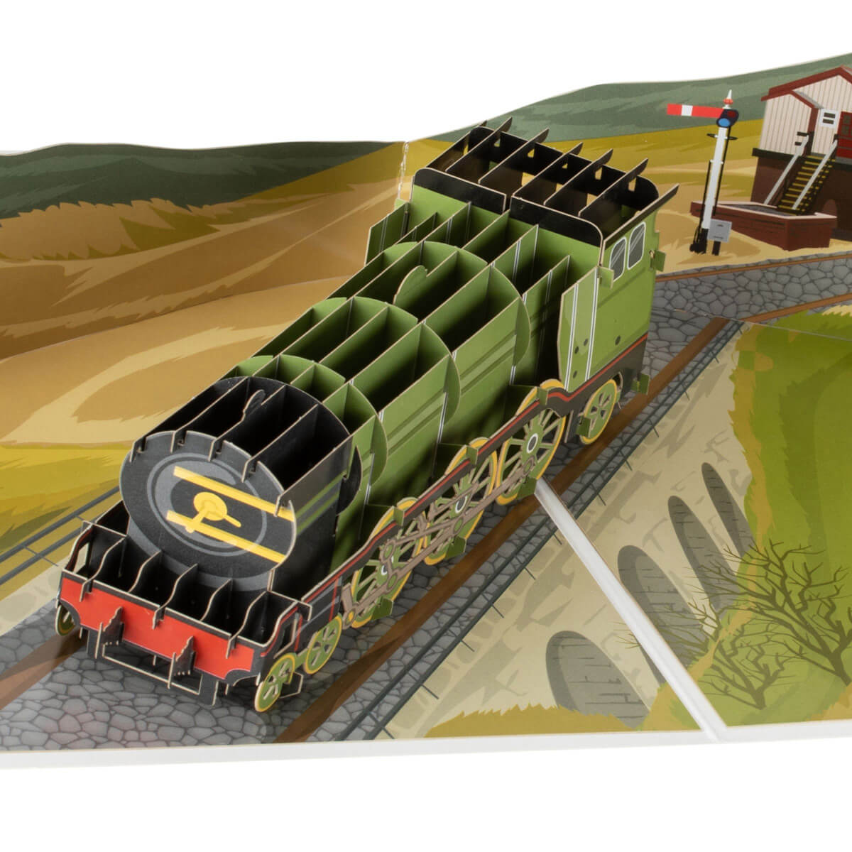 Close up image of Flying Scotsman Pop Up Card featuring a vintage steam train with mountainous backdrop and going over a viaduct.