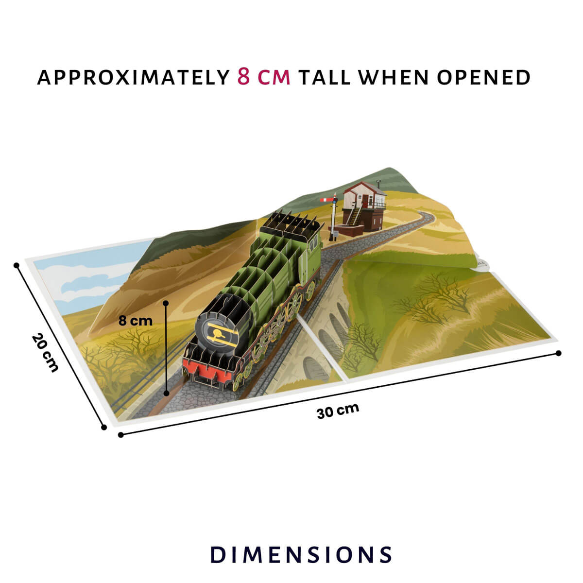 Vintage Steam Train Pop Up Card inspired by the Flying Scotsman and perfect for all occasions including Father's Day. This image shows the pop up card dimensions which are (when opened) - 30cm (l) x 20cm (w) and the pop up is approximately 8cm (h)