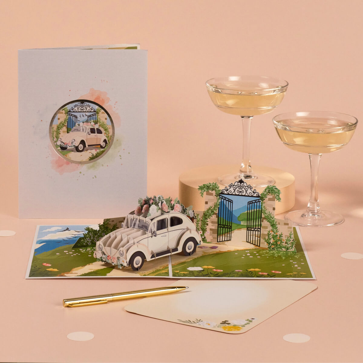 Wedding Car 3D Pop Up Card for Wedding Cards - lifestyle image of card open with notecard