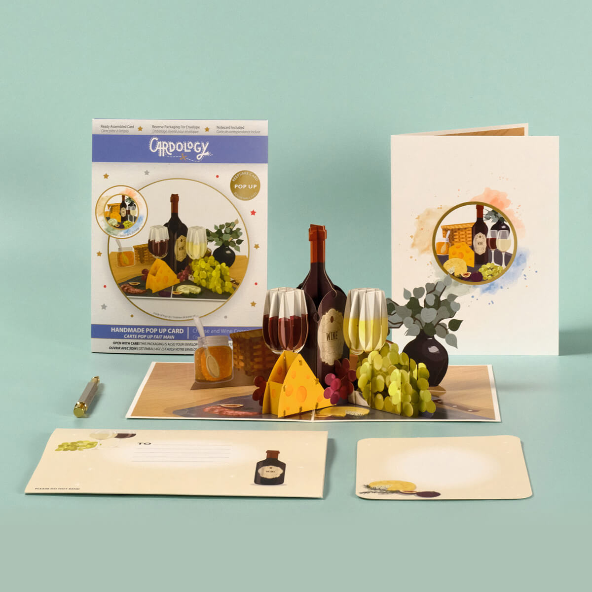 3D Wine and Cheese Pop Up Card for Birthdays, Mothers Day or Fathers Day - image showing card open with packaging, envelope and notecard