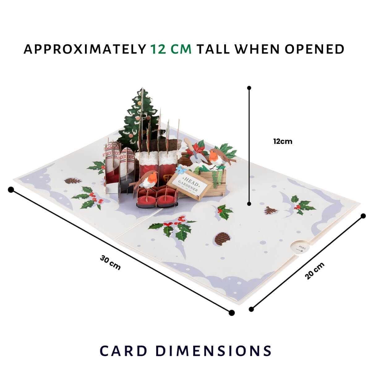 Winter Wellies Pop Up Card for gardening lovers - image of 3D card dimensions which is 30cm (l) x 20cm (w) and approximately 12cm high