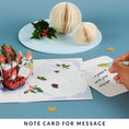 Load image into Gallery viewer, Winter Wellies Pop Up Card for gardening lovers - close up image of 3D card notecard which provides a private space to write messages without ruining the aesthetic of the pop up card and allowing the recipient to display the card after without having words on show
