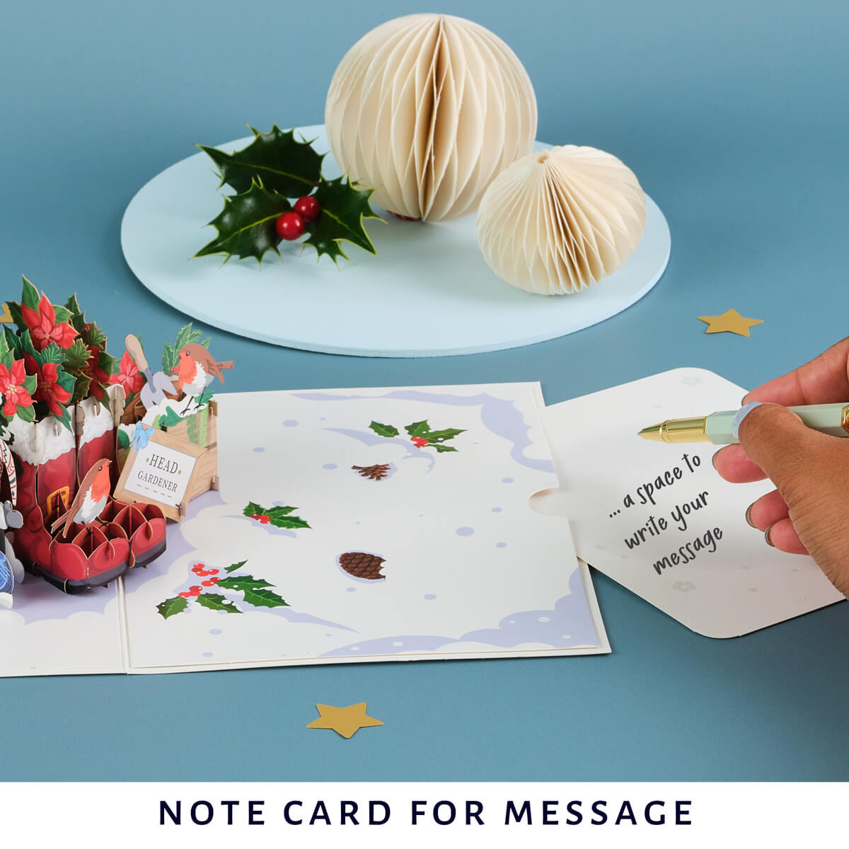 Winter Wellies Pop Up Card for gardening lovers - close up image of 3D card notecard which provides a private space to write messages without ruining the aesthetic of the pop up card and allowing the recipient to display the card after without having words on show