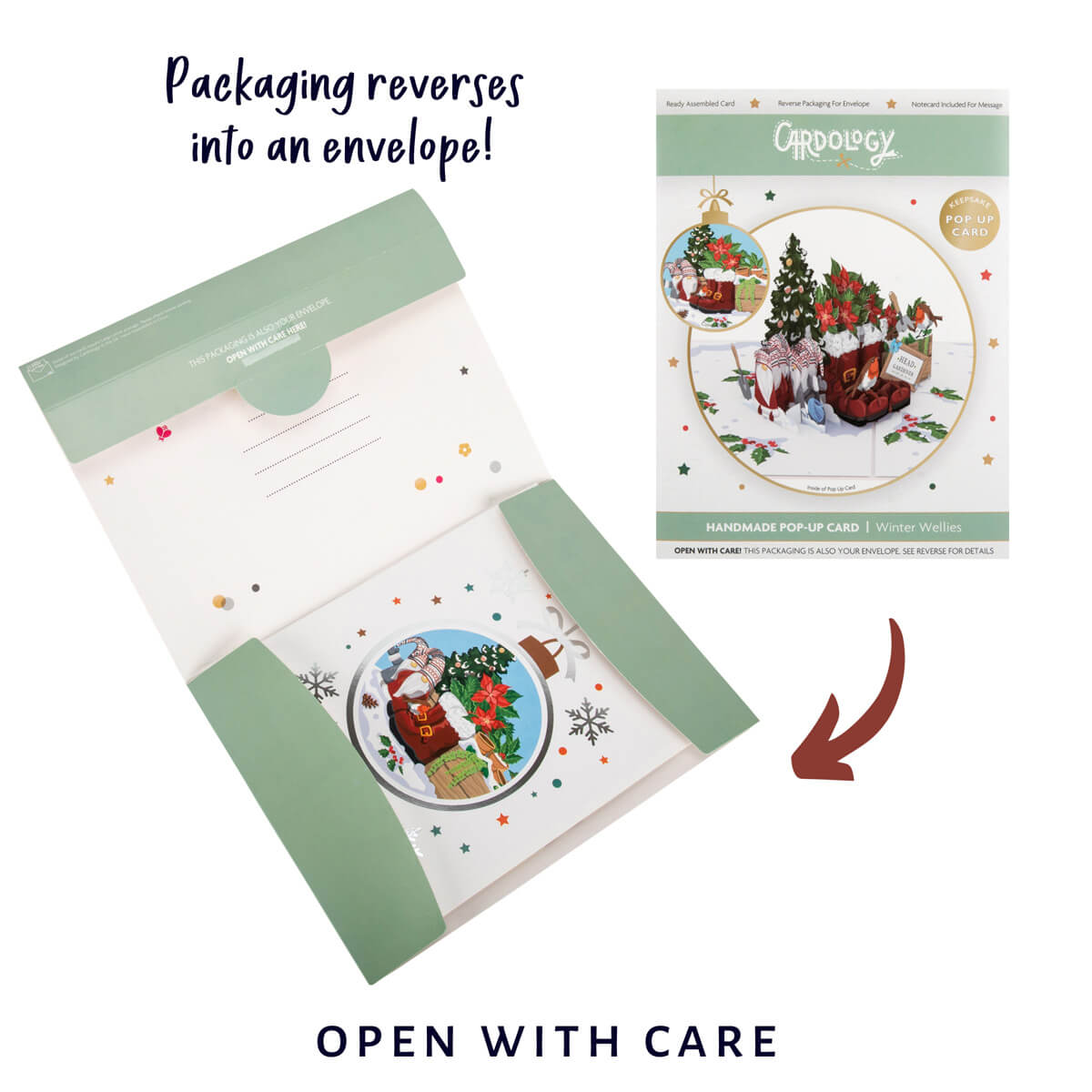 Winter Wellies Pop Up Card for gardening lovers - close up image of packaging which reverses to become a gifting envelope meaning plastic free zero waste