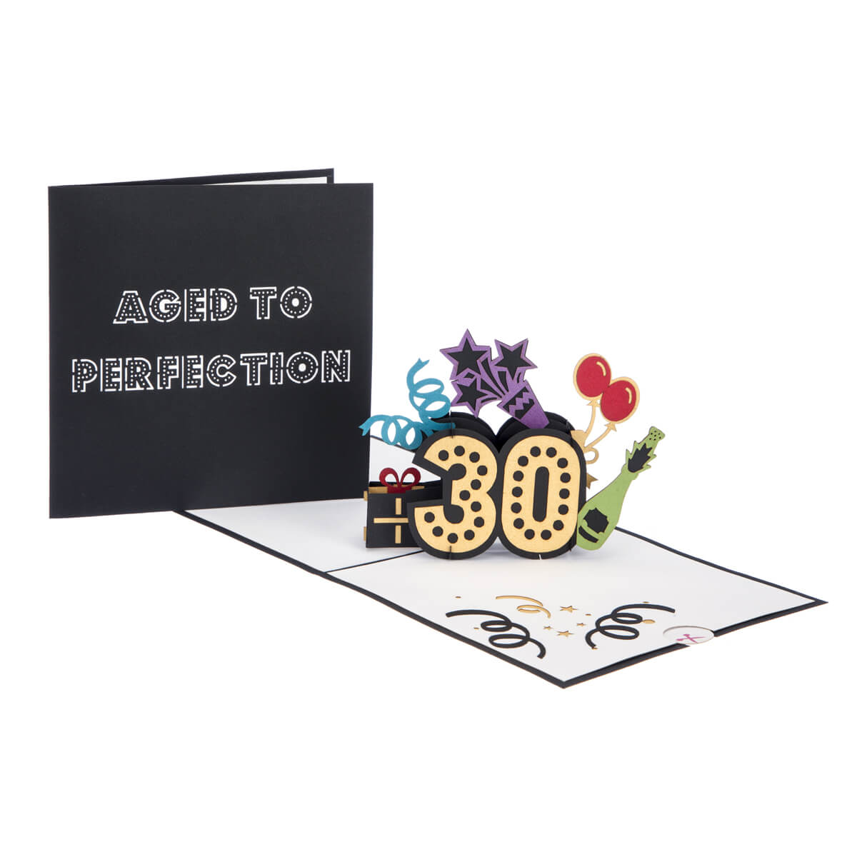 30th Birthday Pop Up Card fully open with cover image behind