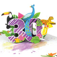 Load image into Gallery viewer, close up image of tropical 30th birthday pop up card, featuring a purple with silver stripes 3D 30 and surrounded by toucans, peacocks, cheetahs, and other tropical themes
