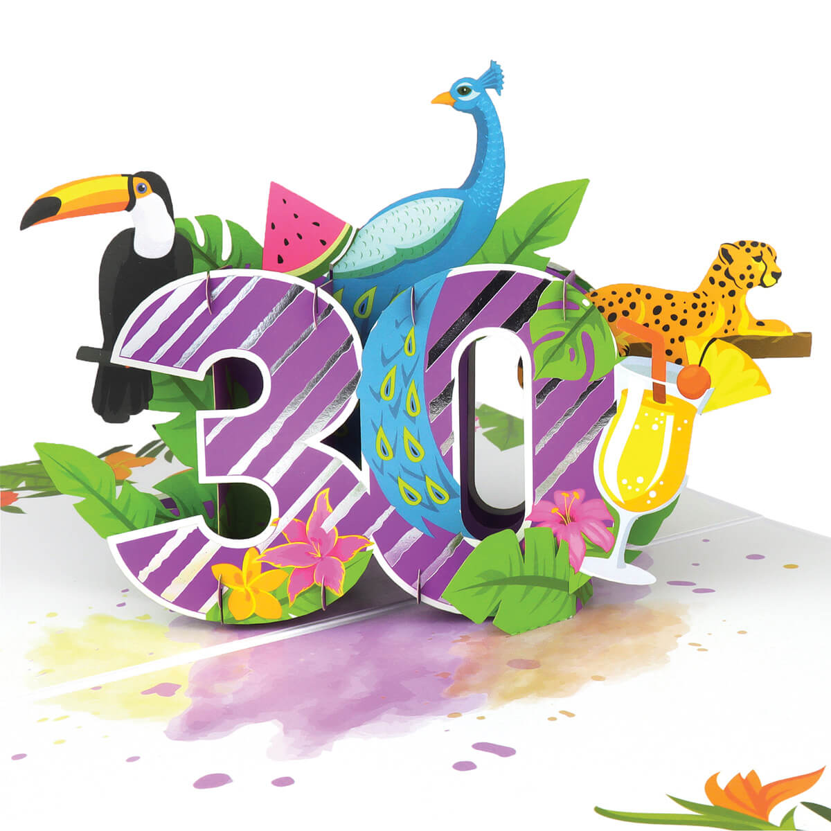 close up image of tropical 30th birthday pop up card, featuring a purple with silver stripes 3D 30 and surrounded by toucans, peacocks, cheetahs, and other tropical themes