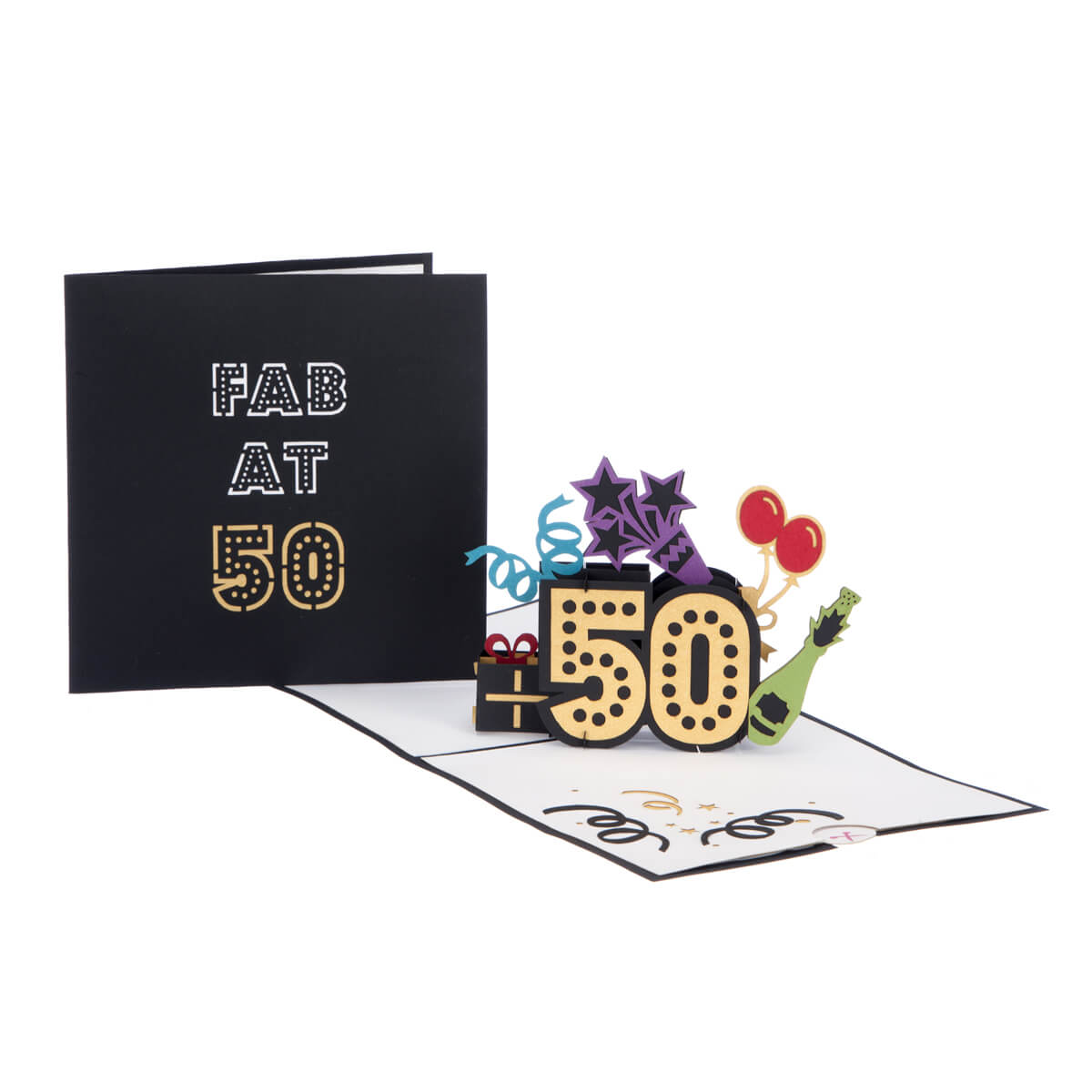 50th birthday pop up card fully open with cover image behind it