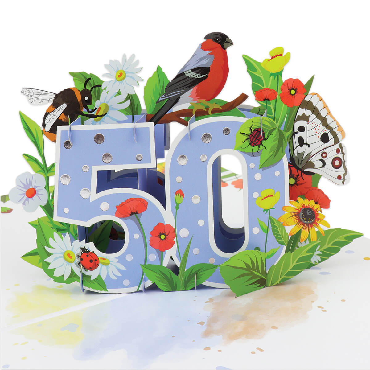 close up image of 50th birthday pop up card, soft blue with foiled silver dots on the 3D pop up 50, surrounded by butterflies, birds and insects. Inspiration of the great british countryside