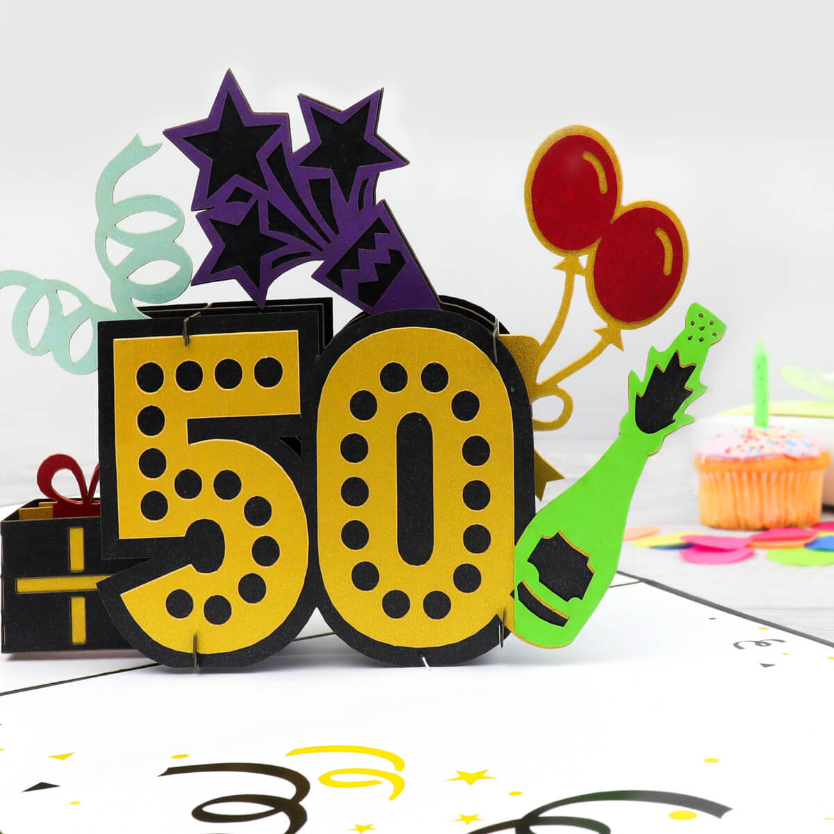 lifestyle image showing the 50th 3D birthday card