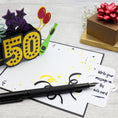 Load image into Gallery viewer, 50th birthday card pull out notecard insert to write message on
