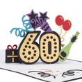 Load image into Gallery viewer, Close up image of colourful 60th birthday pop up card
