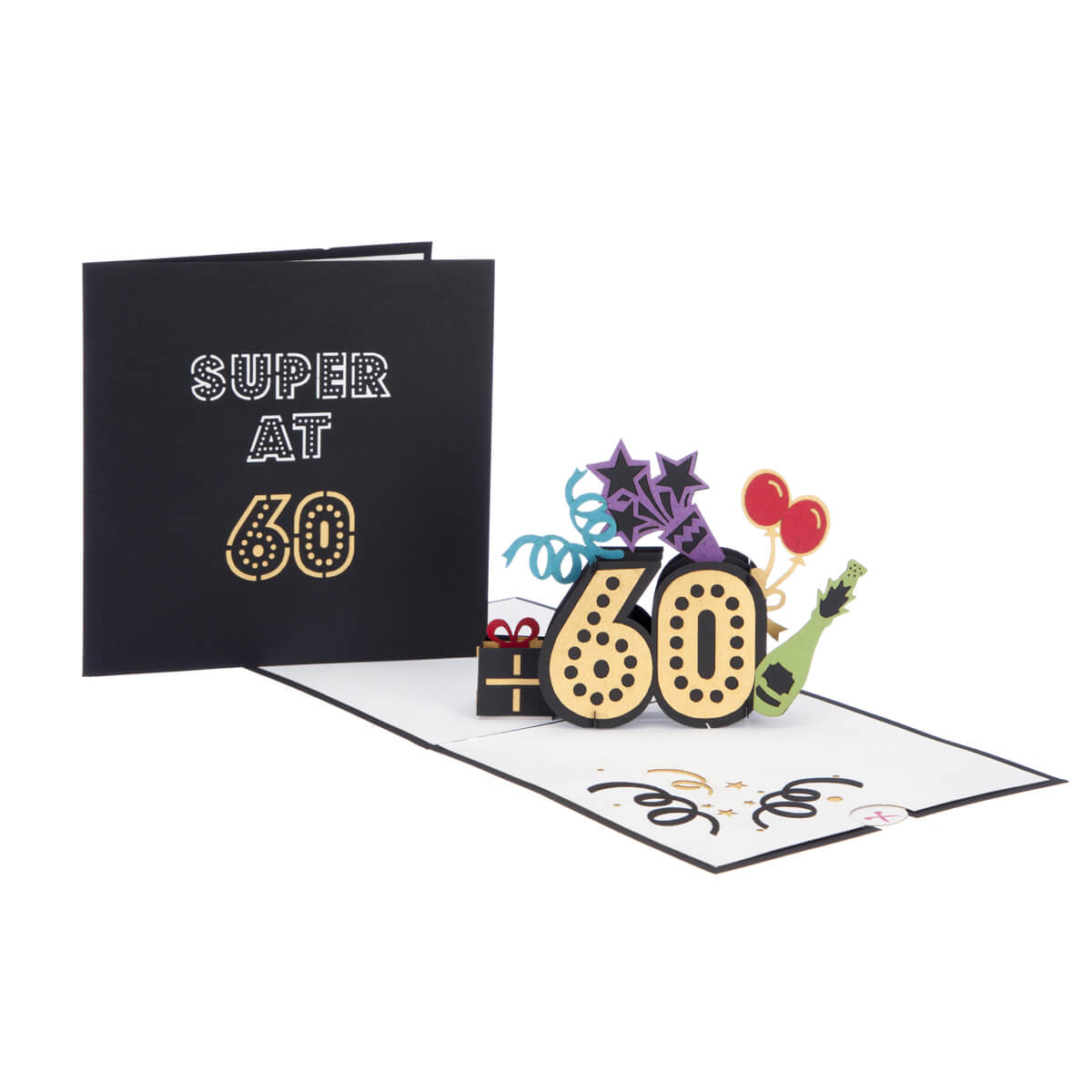 60th birthday pop up card fully open with cover image behind