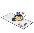 Load image into Gallery viewer, 80th birthday pop up card fully open at 180 degrees
