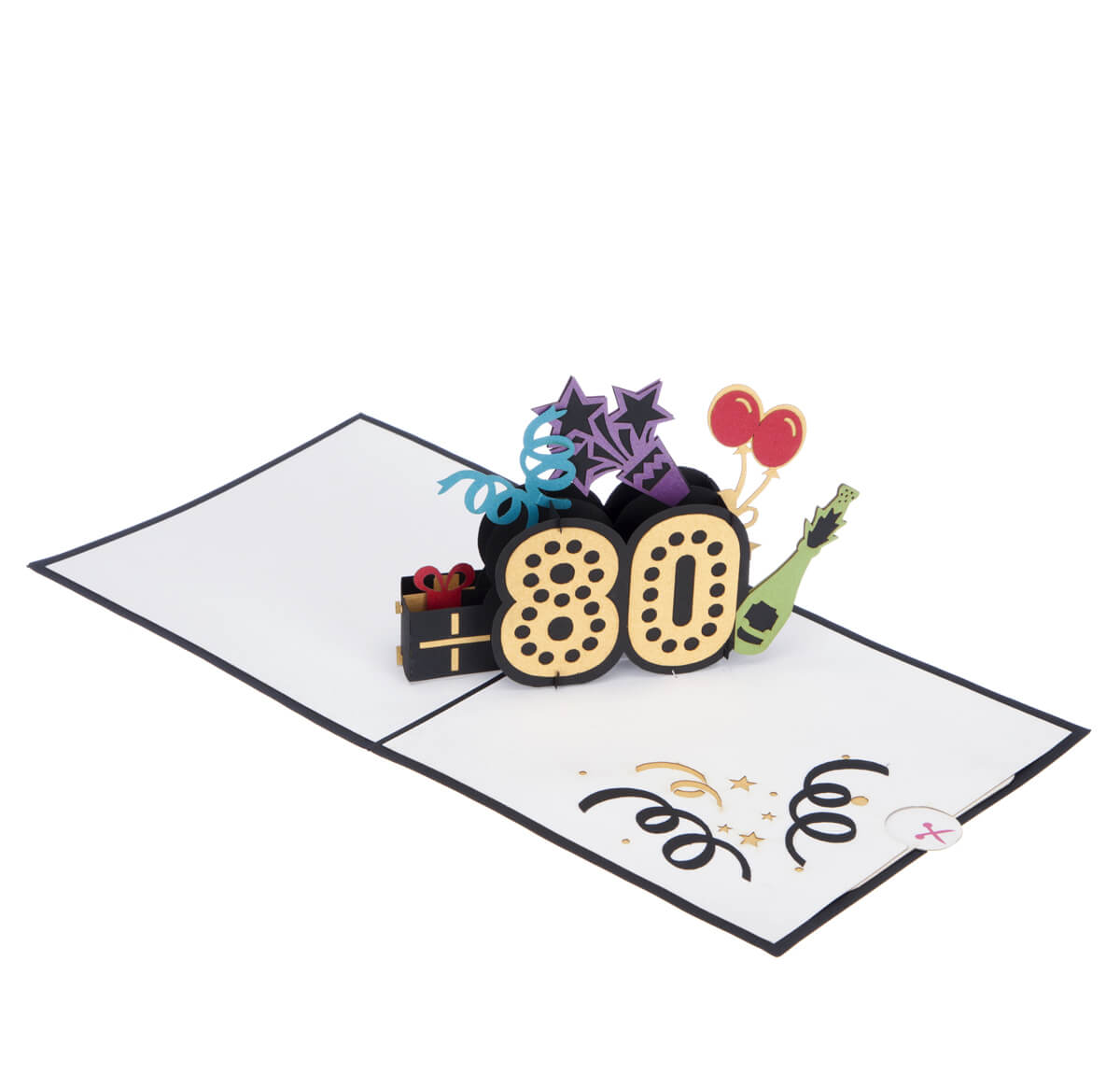 80th birthday pop up card fully open at 180 degrees