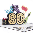 Load image into Gallery viewer, close up image of colourful 80th birthday pop up card
