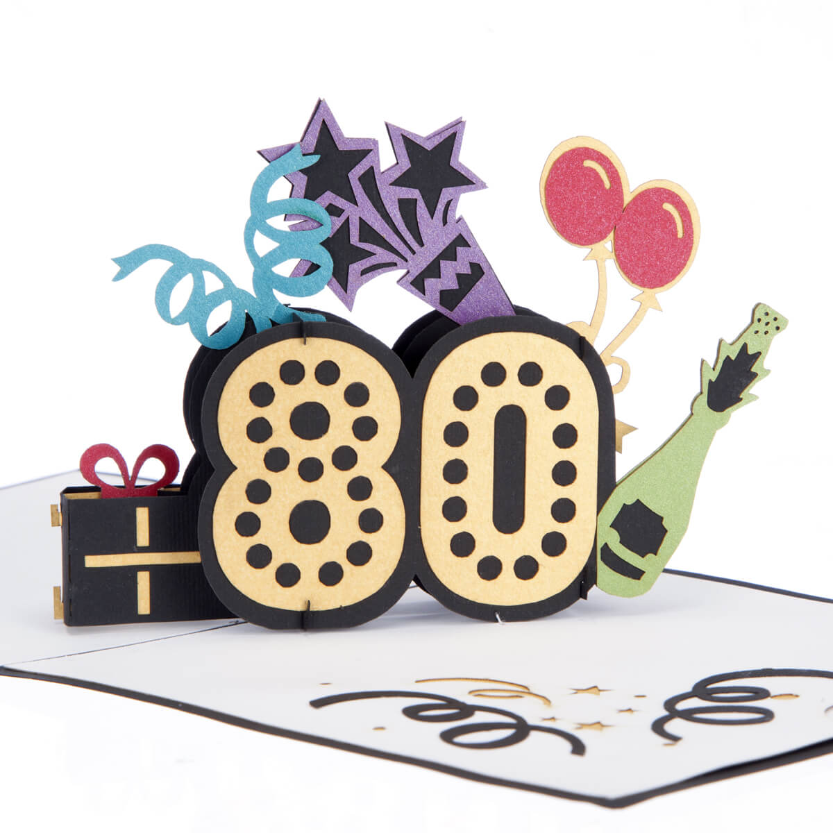 close up image of colourful 80th birthday pop up card