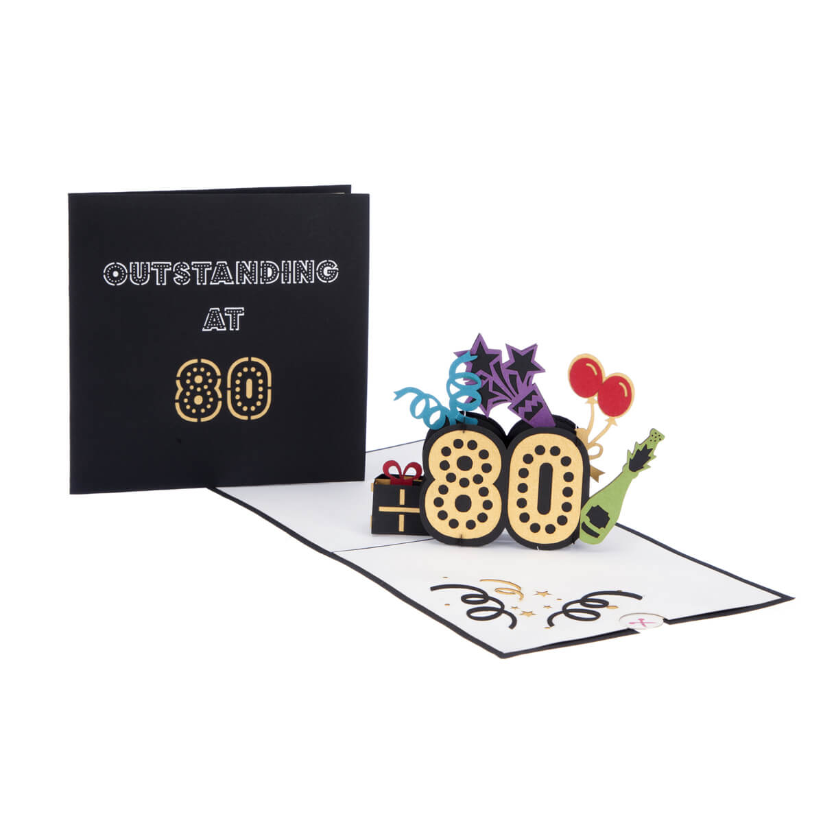 80th birthday pop up card fully open with cover image behind it