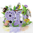 Load image into Gallery viewer, close up image of 80th birthday pop up card, soft lilac with foiled silver dots on the 3D pop up 80, surrounded by butterflies, birds and insects. Inspiration of the great british countryside
