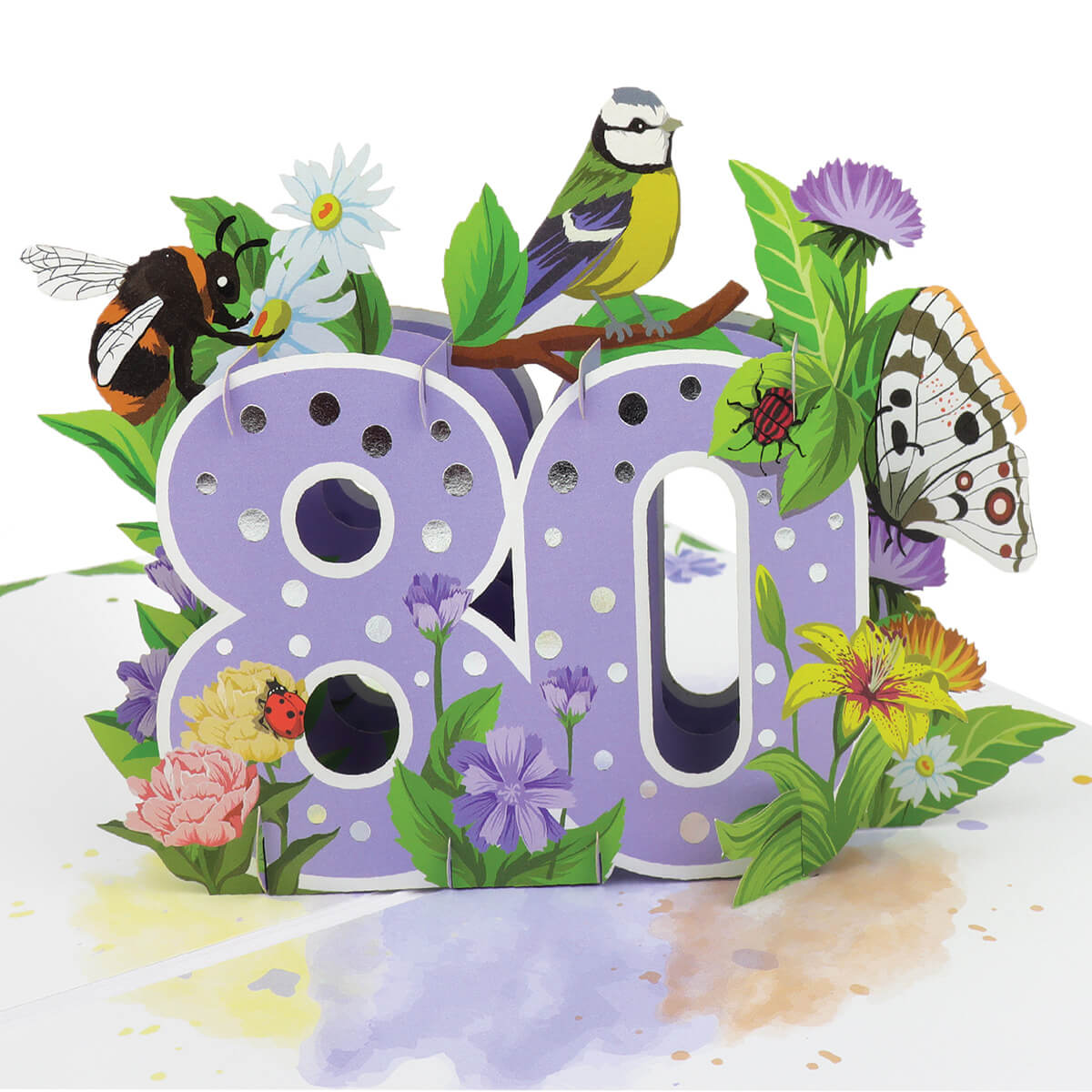 close up image of 80th birthday pop up card, soft lilac with foiled silver dots on the 3D pop up 80, surrounded by butterflies, birds and insects. Inspiration of the great british countryside