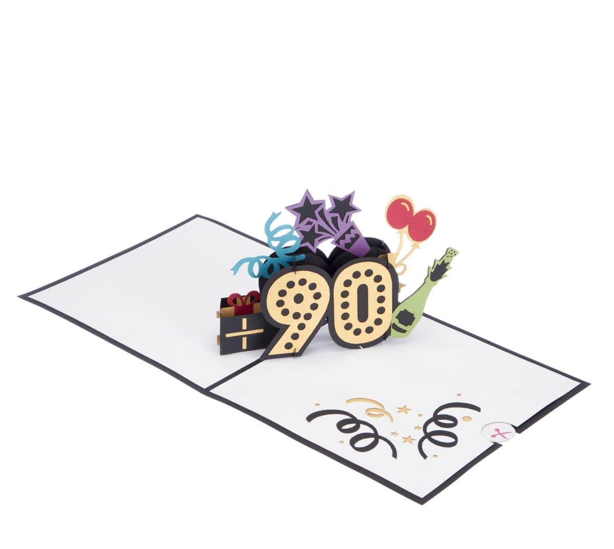 Image of 90th Birthday Card for men and women, fully open at 180 degrees on a white surface