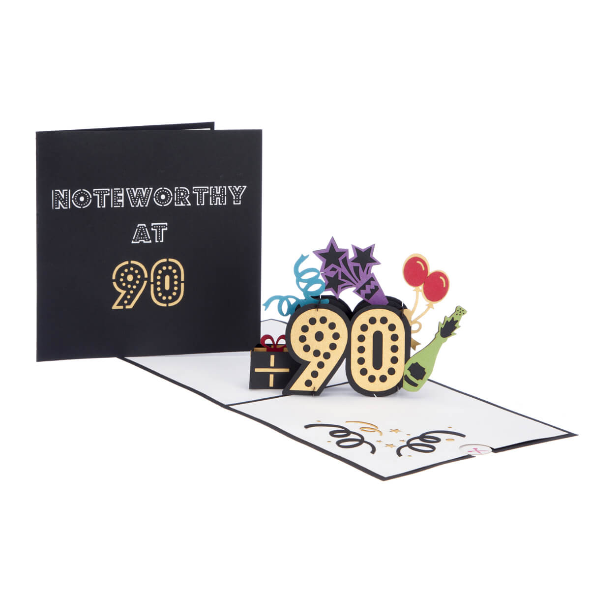 Image of 90th Birthday Card for men and women, fully open with cover behind