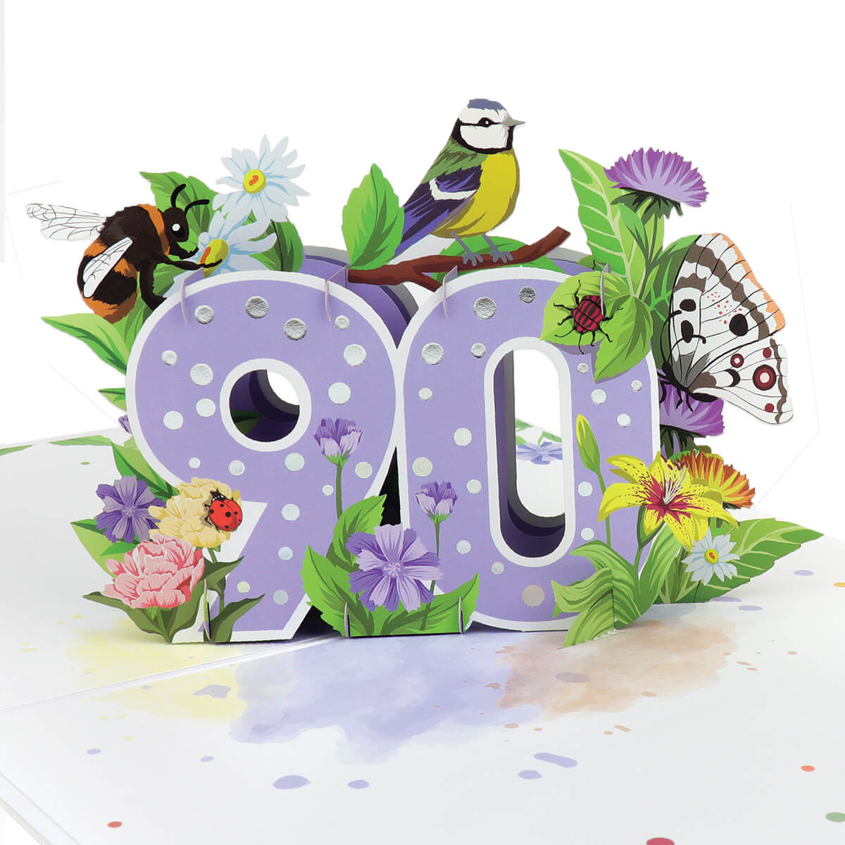 close up image of 90th birthday pop up card, soft lilac with foiled silver dots on the 3D pop up 90, surrounded by butterflies, birds and insects. Inspiration of the great british countryside