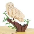 Load image into Gallery viewer, Close up image of Barn Owl Pop Up Card featuring a barn owl perching on a tree branch
