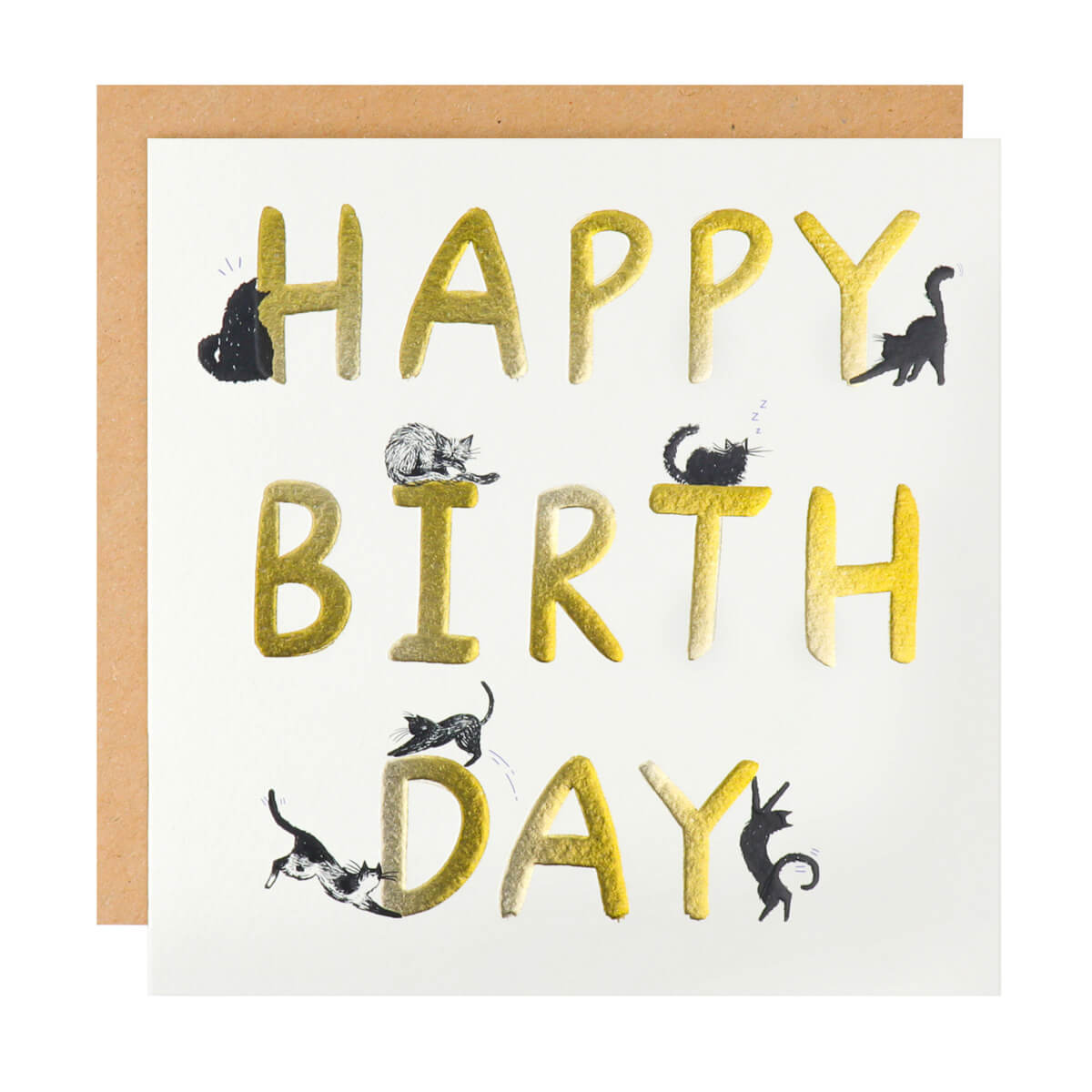 White background image of Happy Birthday Cats Card. White with gold foiling with lots of black cats perching on the letters.