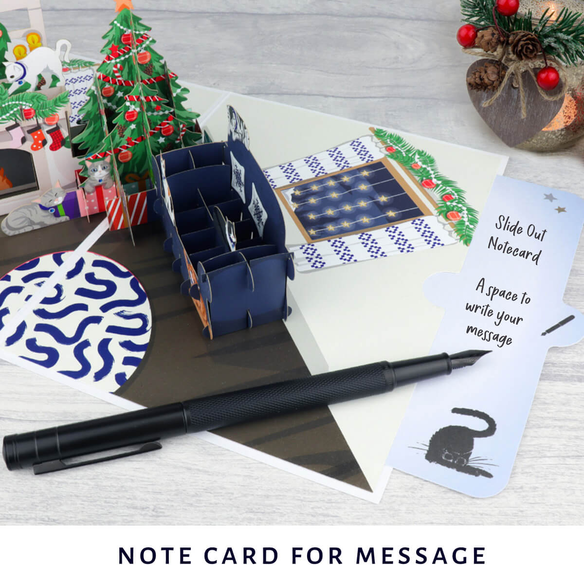 image of battersea cats card showing slide out notecard which gives you a space to write your message