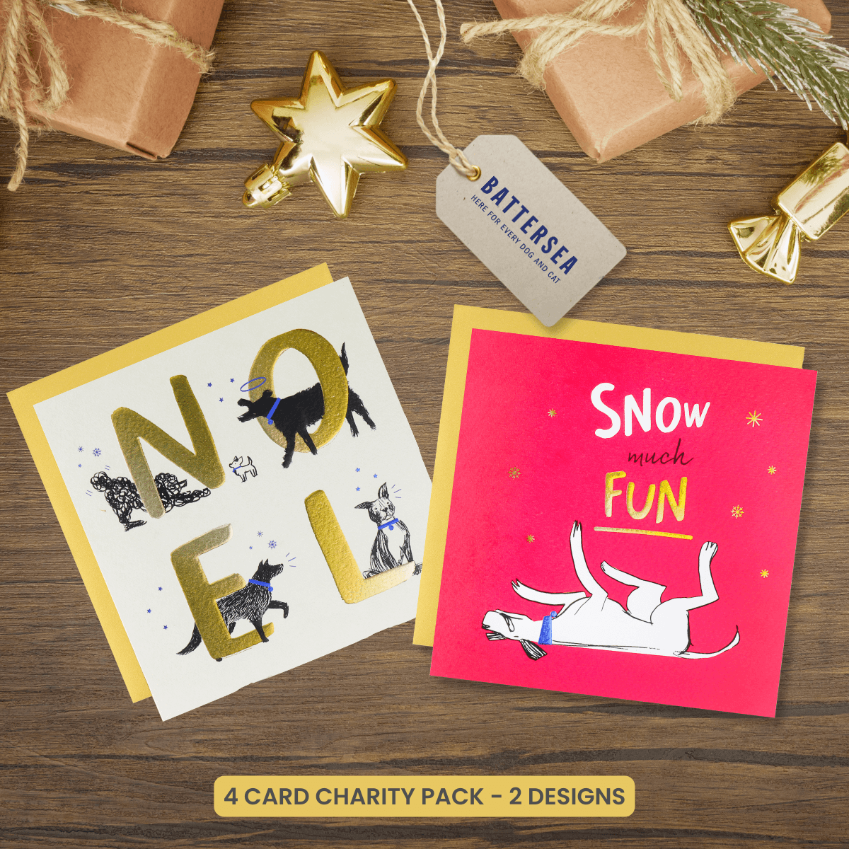 Charity Christmas Cards Pack of 4 Dogs Cards - Battersea Dogs & Cats Home Charity Cards For Dog Lovers