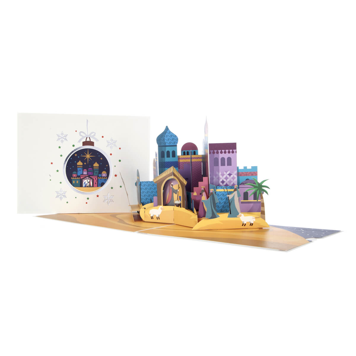 Bethlehem Nativity Pop Up Christmas Card - Card fully open at 180 degrees with cover behind