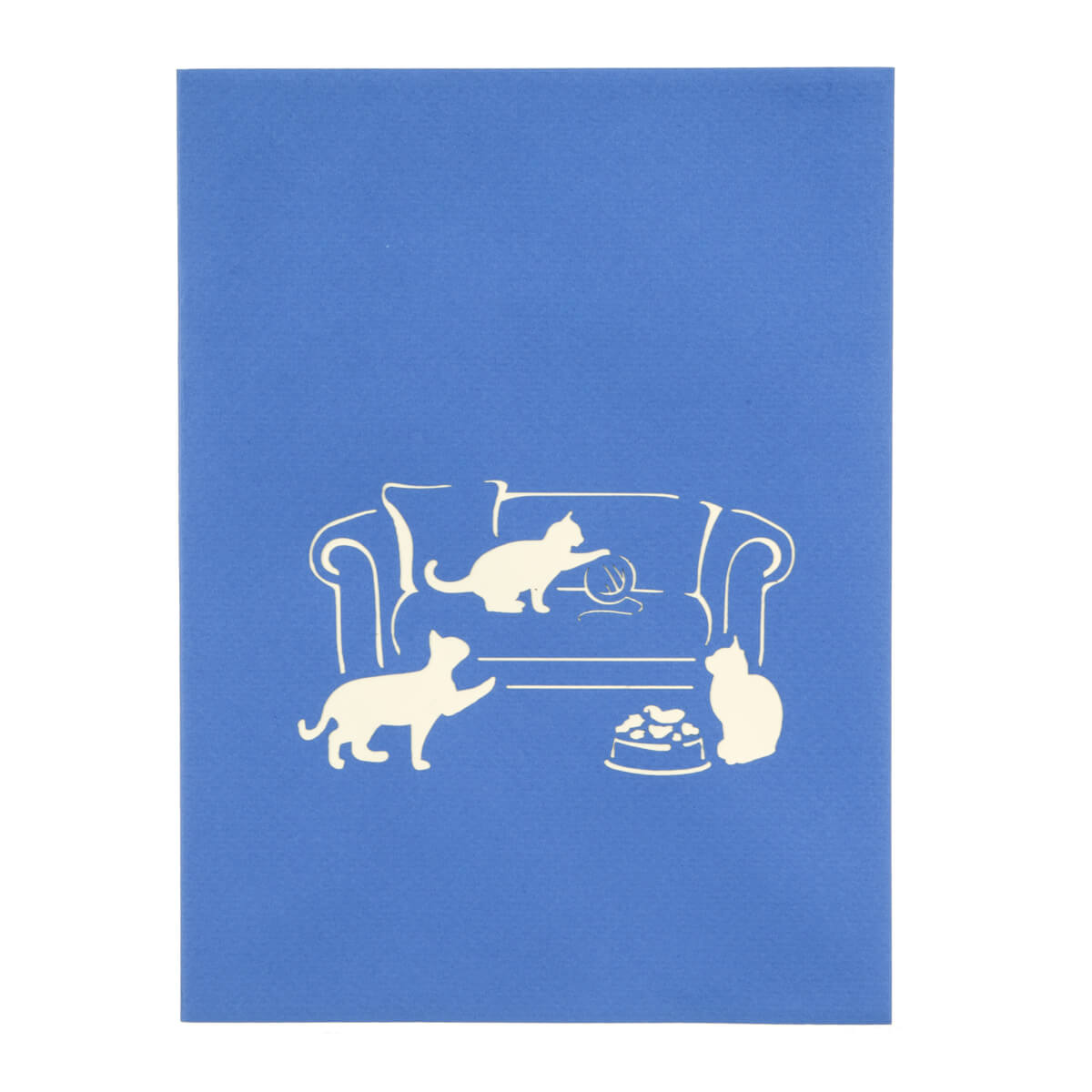 Blue cover image of "Cats On A Sofa" pop up card featuring a 3D red sofa with 3 kittens playing on it.