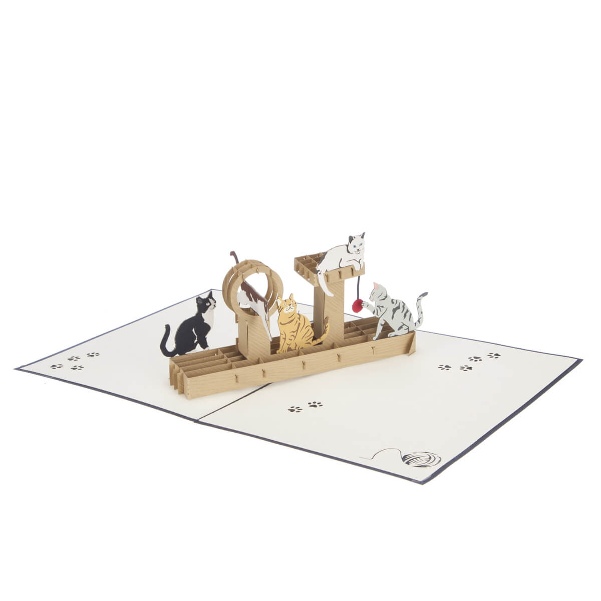 "Cat Tree" pop up card for cat lovers featuring a 3D wood effect paper cat tree with 5 cats playing on it, fully open at 180 degree angle