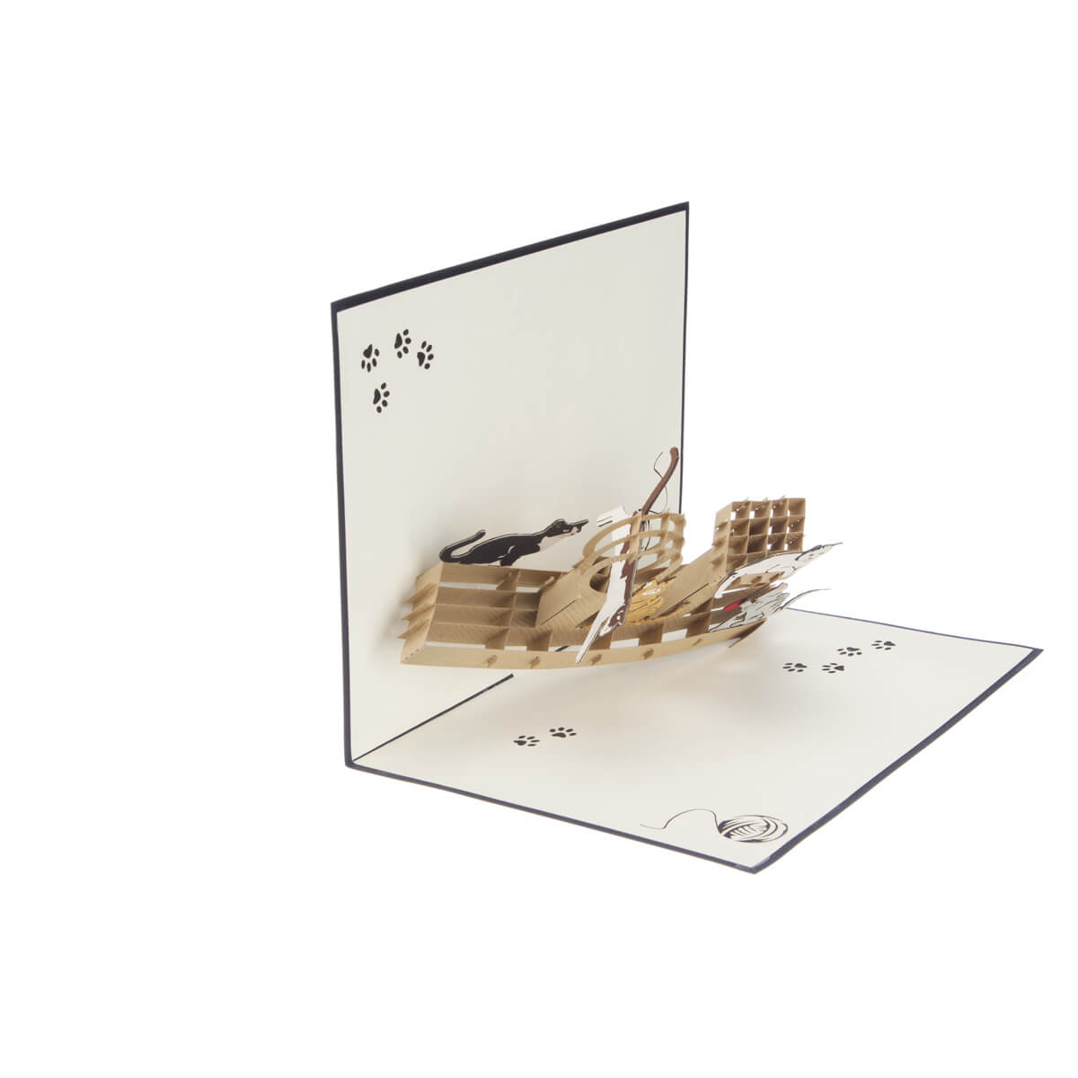 "Cat Tree" pop up birthday cat card featuring a 3D wood effect paper cat tree with 5 cats playing on it, half open at 90 degree angle
