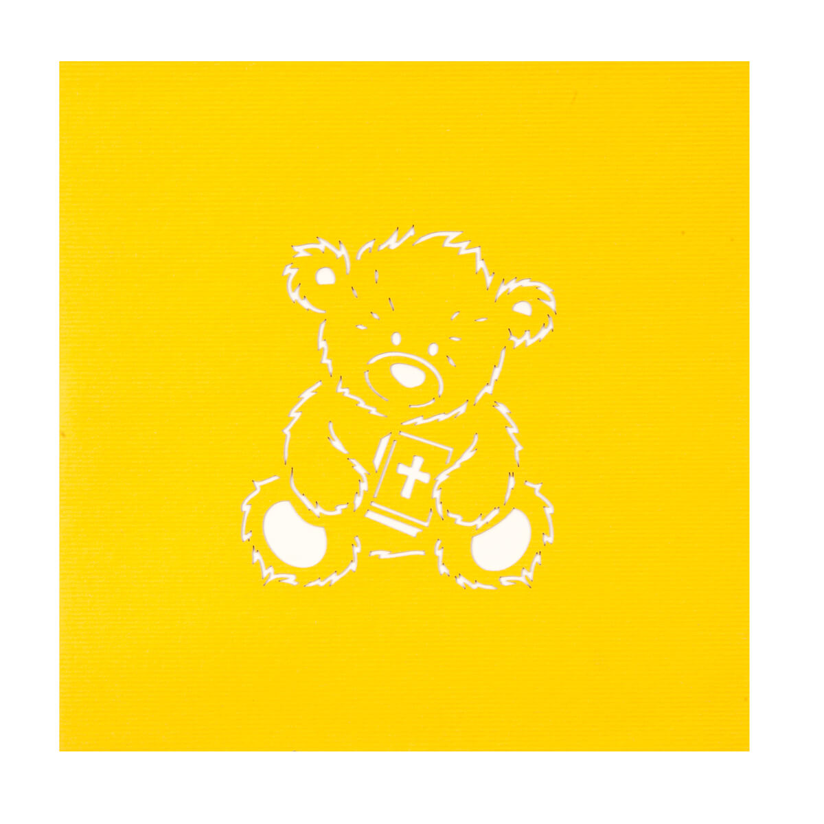 Close up image of Christening Bear Pop Up Card yellow cover