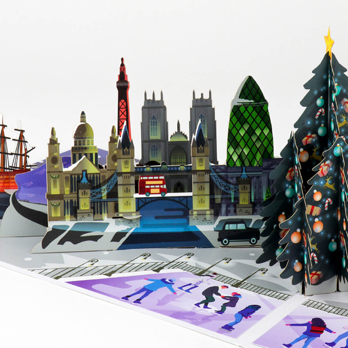 Night Before Christmas Pop Up Card UK Close Up Image - featuring a 3D Christmas Tree surrounded by UK skylines