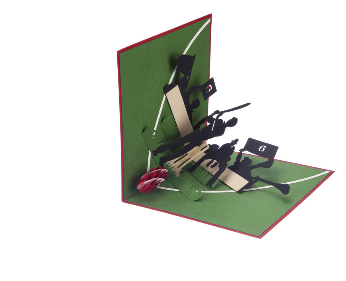 Cricket Pop Up Card featuring a 3D cricket scene with a batsman, wicket keeper, cricket ball and spectators, half opened at 90 degrees