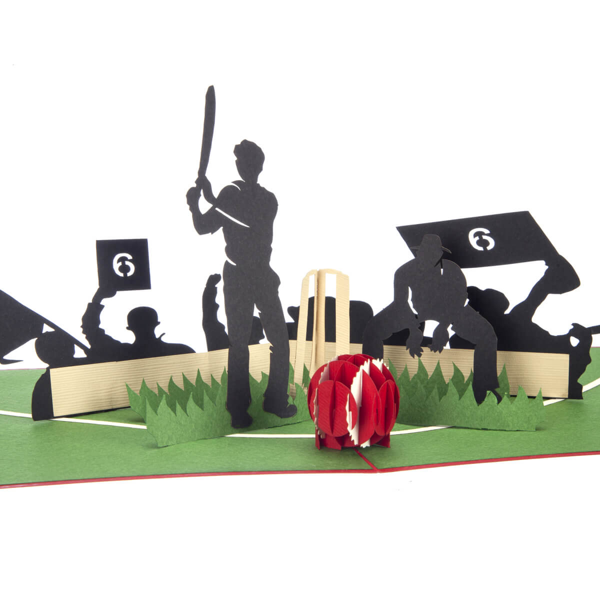 close up image of Cricket Pop Up Card featuring a 3D cricket scene with a batsman, wicket keeper, cricket ball and spectators