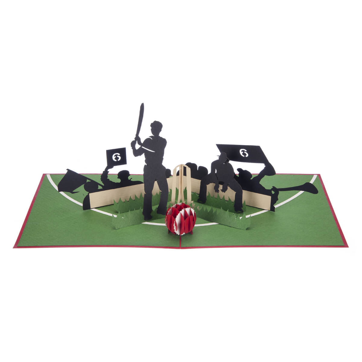 Cricket Pop Up Card featuring a 3D cricket scene with a batsman, wicket keeper, cricket ball and spectators, fully opened