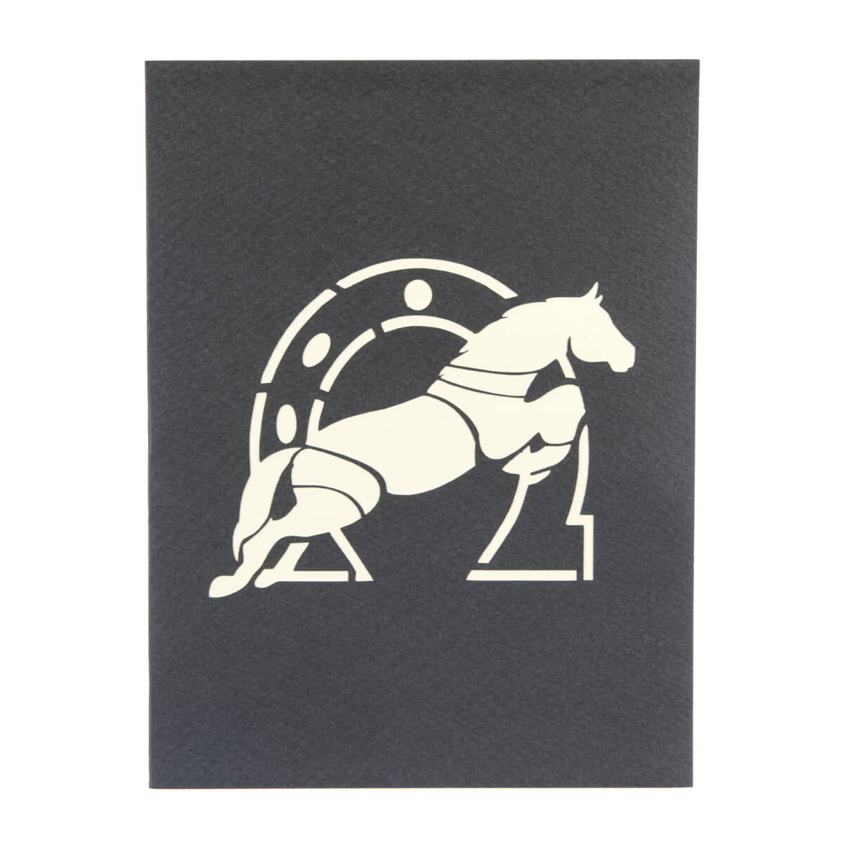 Cross Country Pop Up Card Cover featuring a horse and horseshoe on grey background