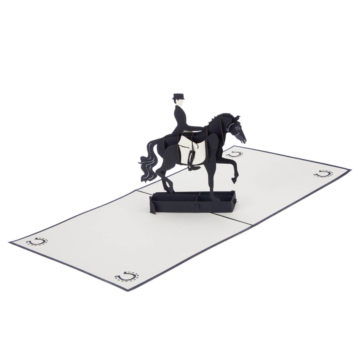 Dressage Pop Up Card featuring a 3D black horse and rider, fully open at 180 degrees