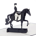 Load image into Gallery viewer, close up image of Dressage Pop Up Card featuring a 3D black horse and rider
