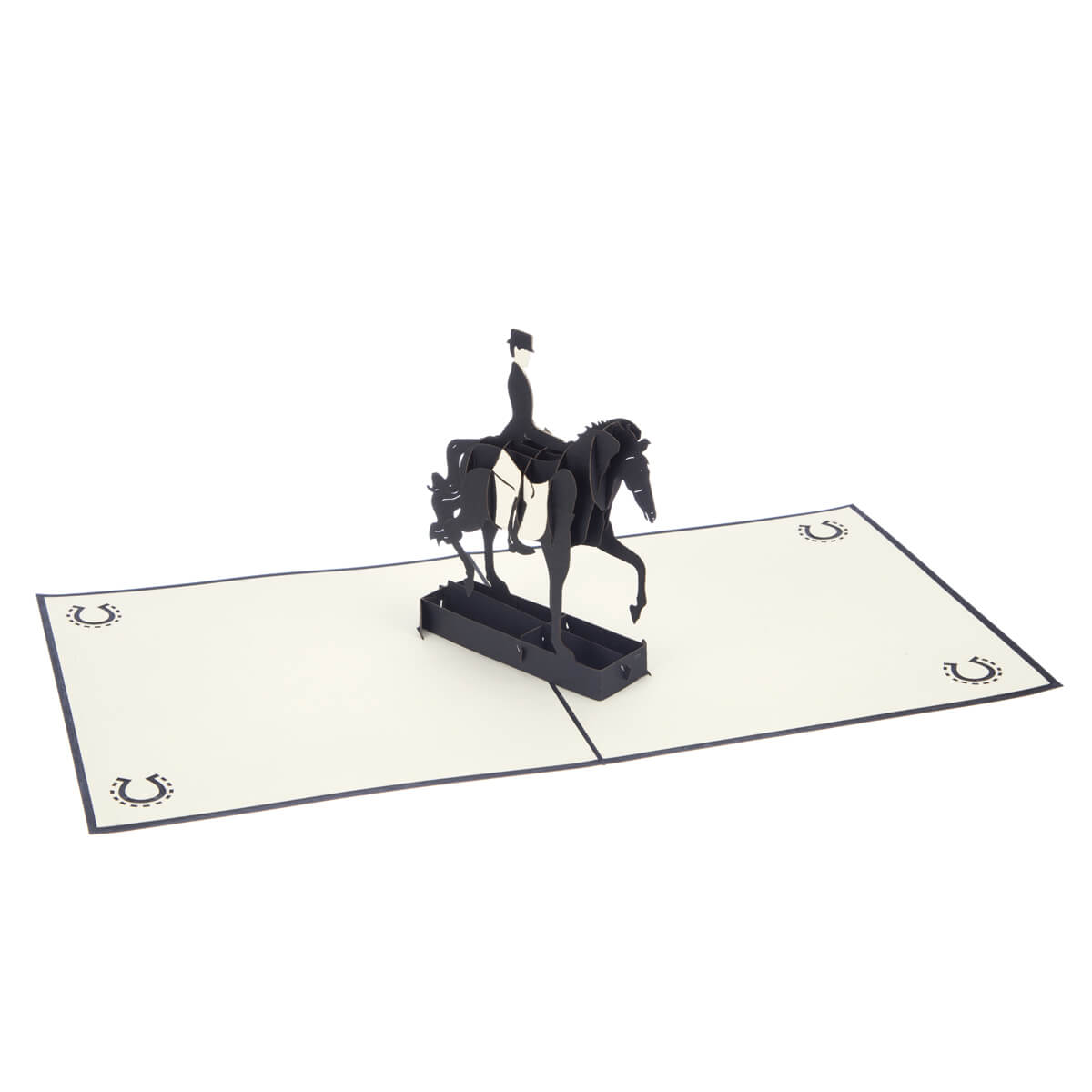 Dressage Pop Up Card featuring a 3D black horse and rider, fully open