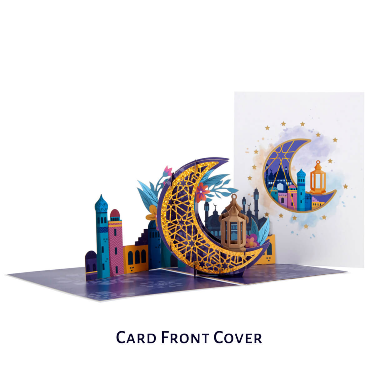 Close up image of Eid Pop Up Card featuring a gold moon and lantern