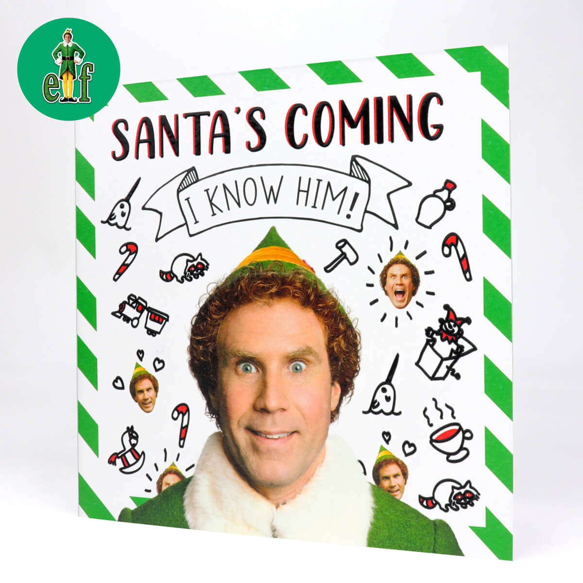 Buddy The Elf Funny Christmas Card Featuring Will Ferell.  Card pictured on a white background